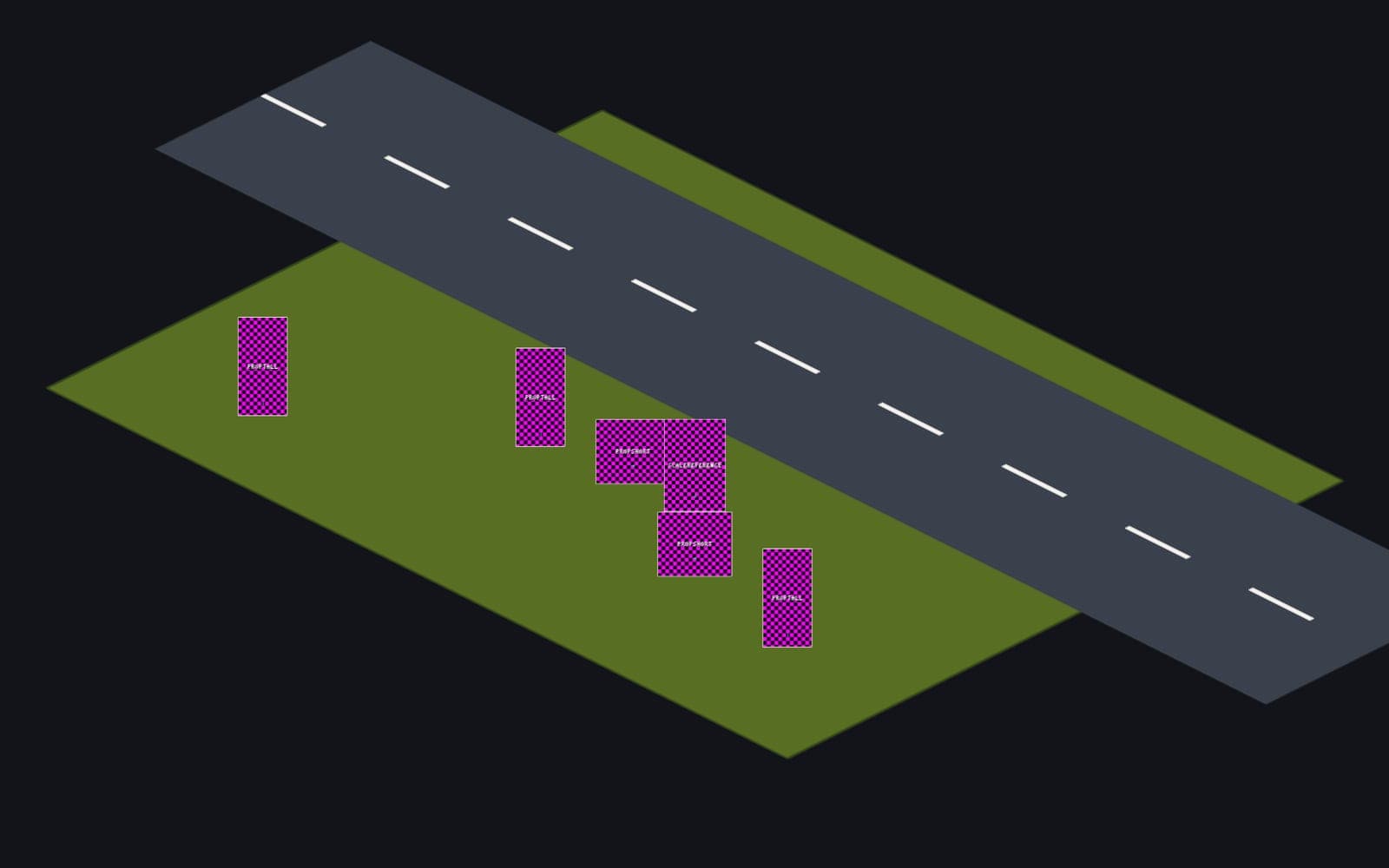 The Evolutionary Tycoon build: a 2:1 dimetric road and plot rendered with placeholder art markers standing in for the final sprites.