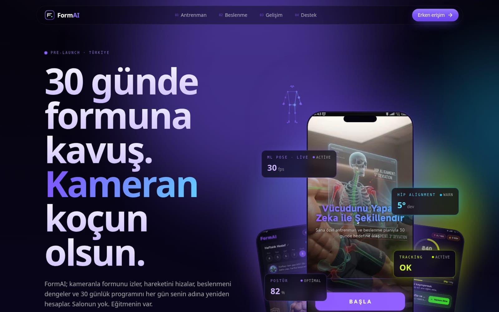 The FormAI Web home page: a large Turkish headline beside phone mock-ups showing live pose tracking and nutrition screens.