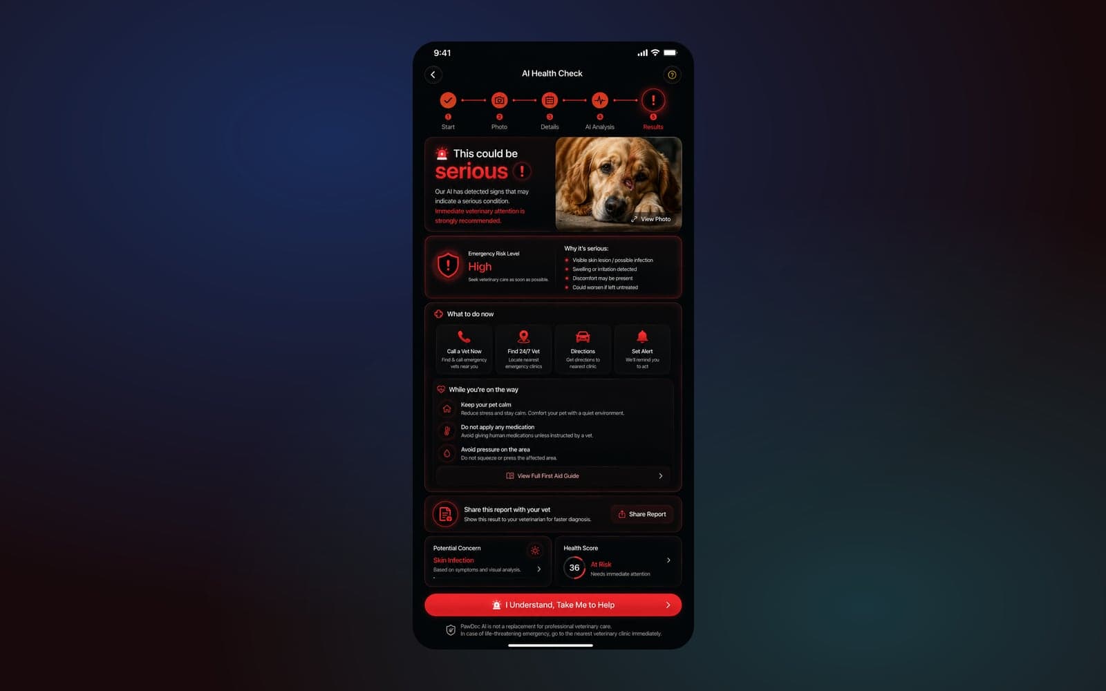 PawDoc showing a high-risk triage result: an emergency banner, a risk level, a ranked list of actions, and a veterinary disclaimer.