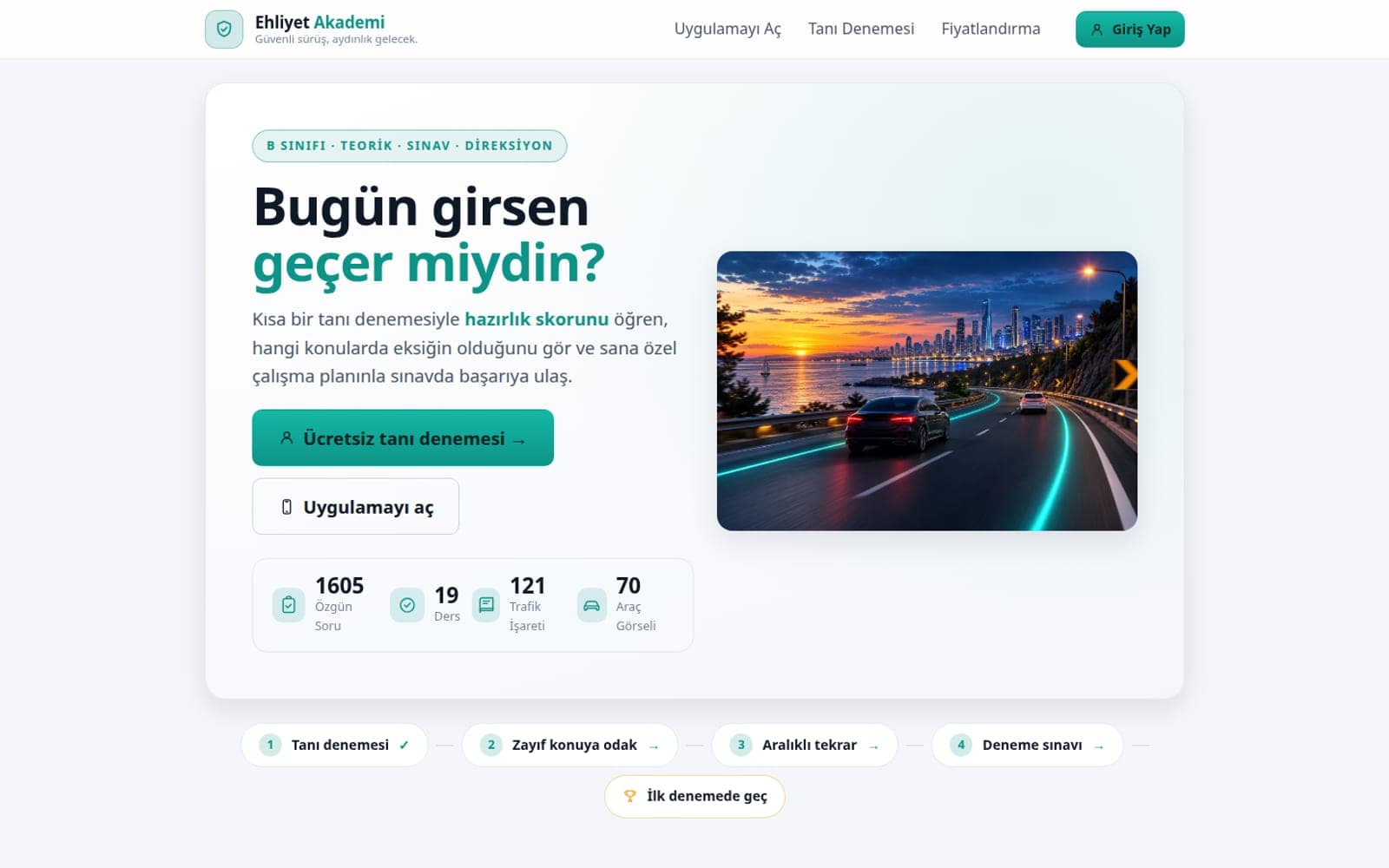 The Ehliyet Akademi home page: a diagnostic-test call to action beside counts of questions, lessons, traffic signs and vehicle images.
